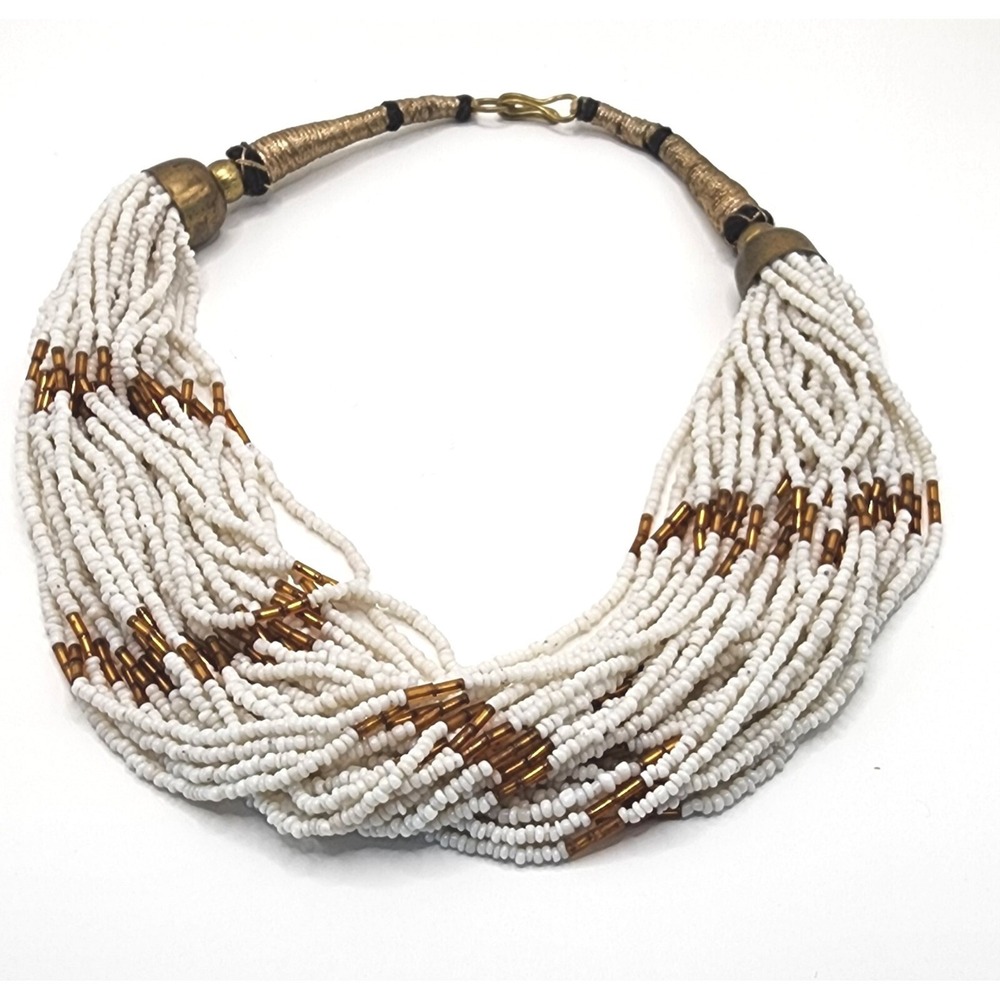Vintage Torsade Glass Seed Bead Boho Choker Statement Artisan White Gold Tone